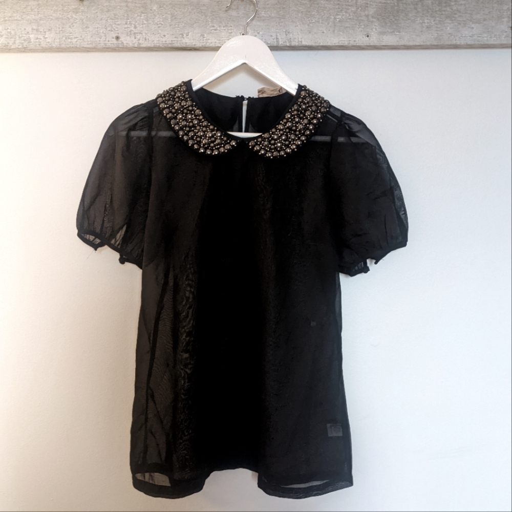 Sheer sparkly collared short sleeve blouse